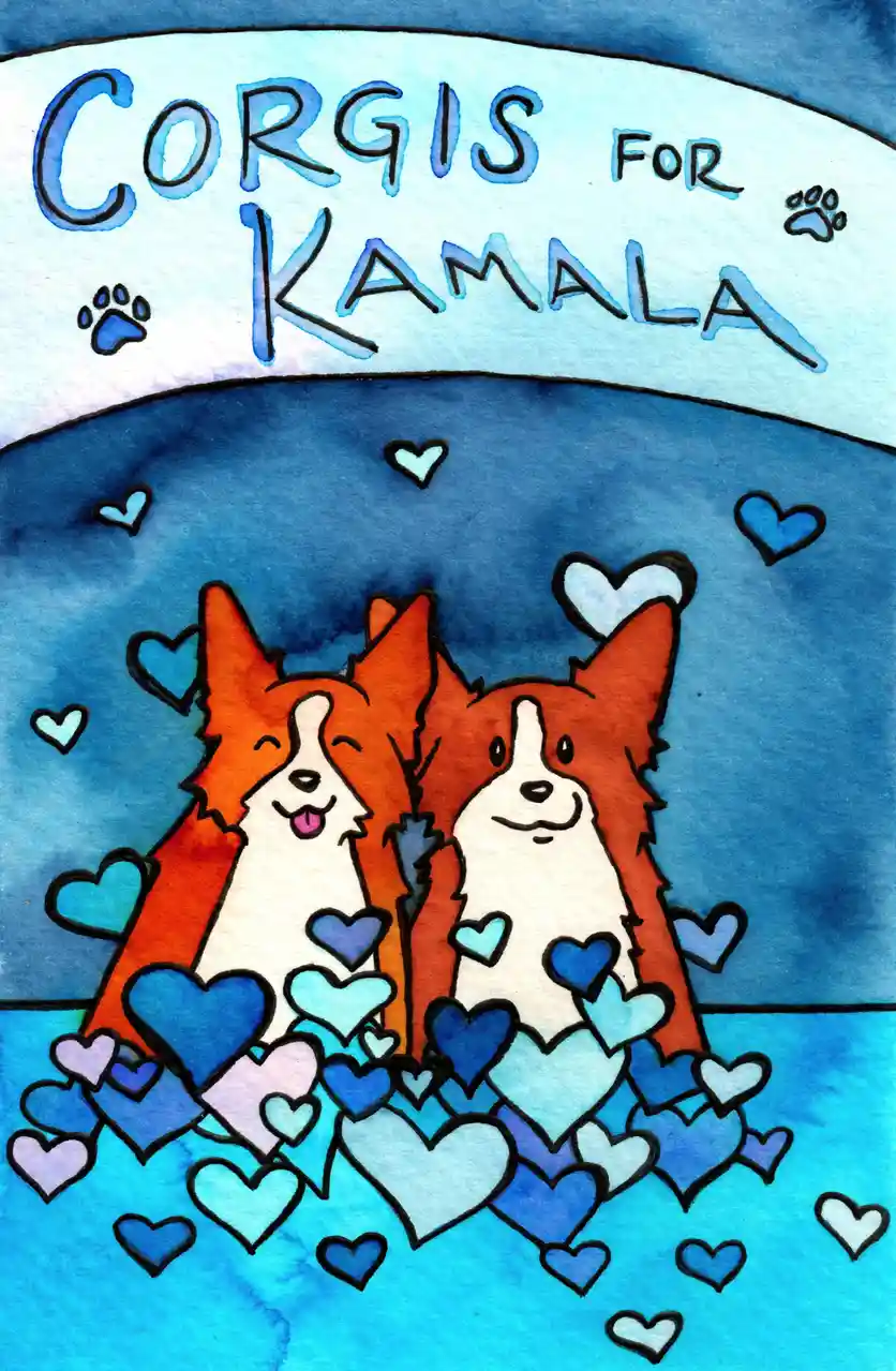 A watercolor-style illustration shows two smiling Pembroke Welsh Corgis surrounded by many blue and white hearts against a…