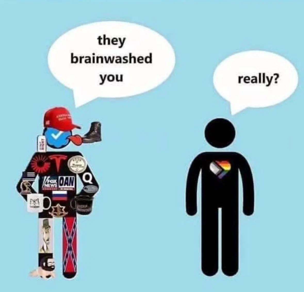 A heavily stickered cartoon figure wearing a red MAGA hat and holding a boot, covered in logos like Fox News, QAnon, and the…
