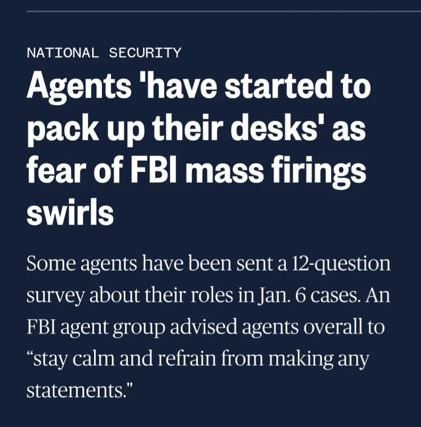 A dark blue news article screenshot with white text, under the heading 'NATIONAL SECURITY', reports that FBI agents are…