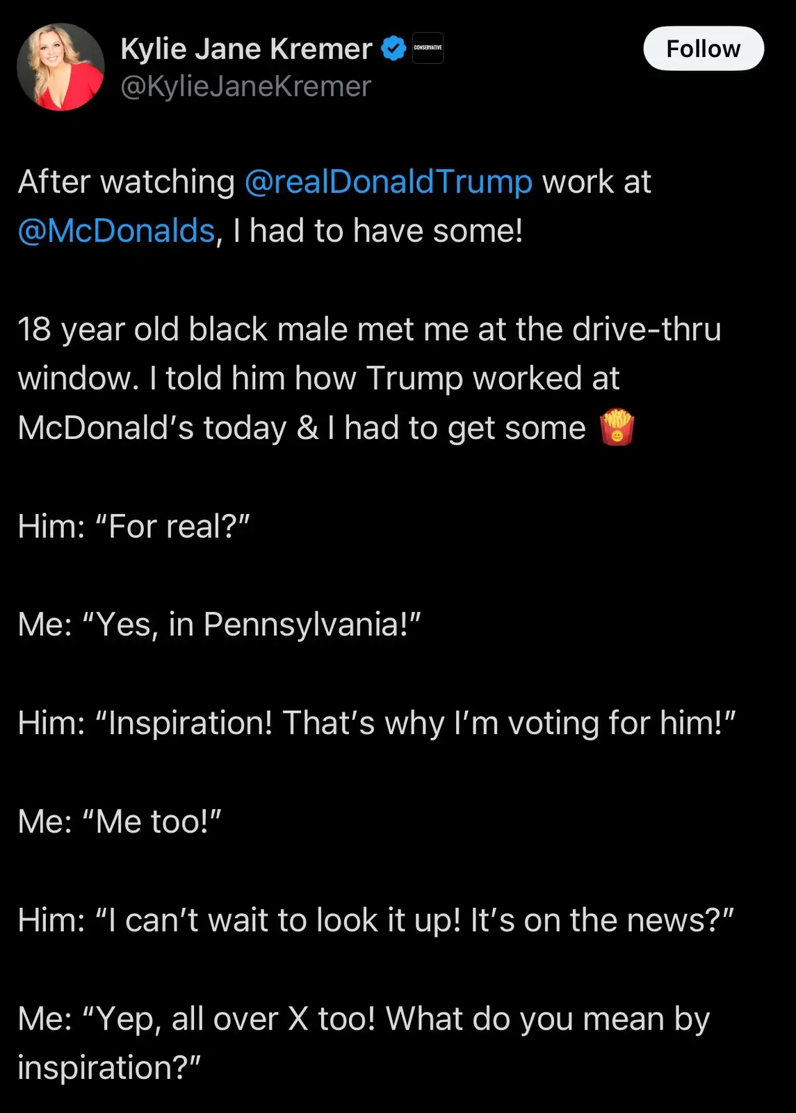A screenshot of a tweet by Kylie Jane Kremer detailing a conversation at a McDonald's drive-thru where she tells an…