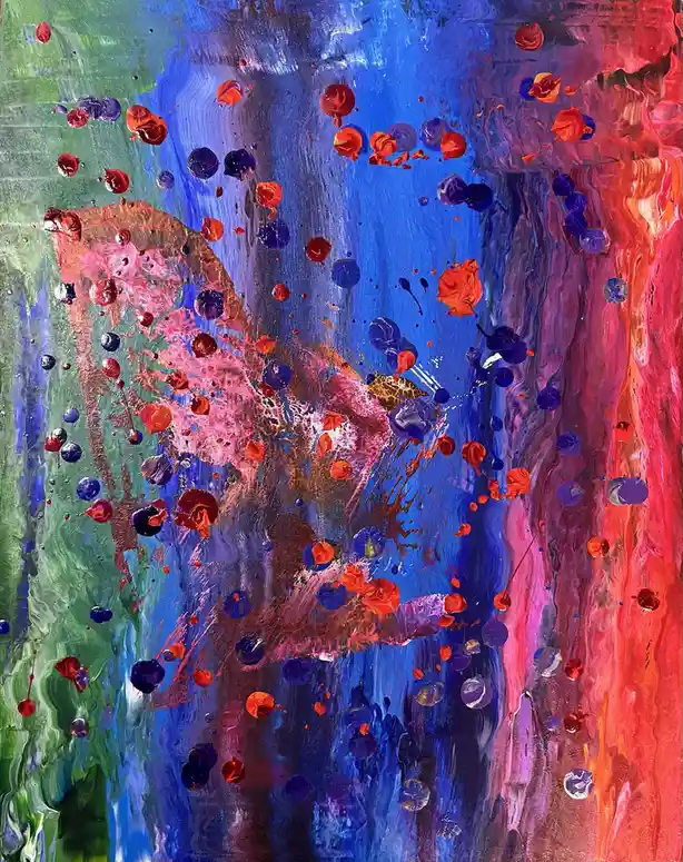 An abstract painting with vibrant, swirling colors of blue, green, red, and pink, featuring splatters and drips of paint. A…