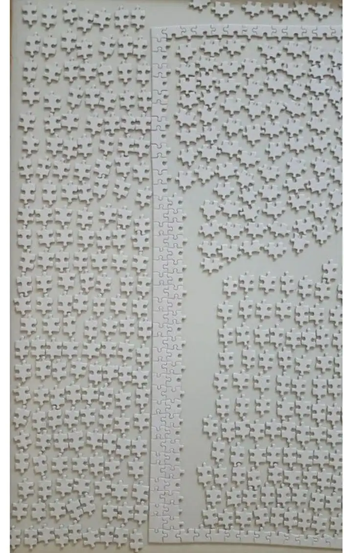 A large collection of plain white jigsaw puzzle pieces is spread out on a surface, with a vertical strip of pieces neatly…