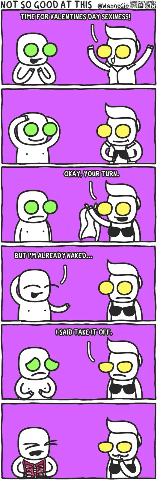 A six-panel comic strip with two cartoon characters against a purple background. The first character has green eyes and the…