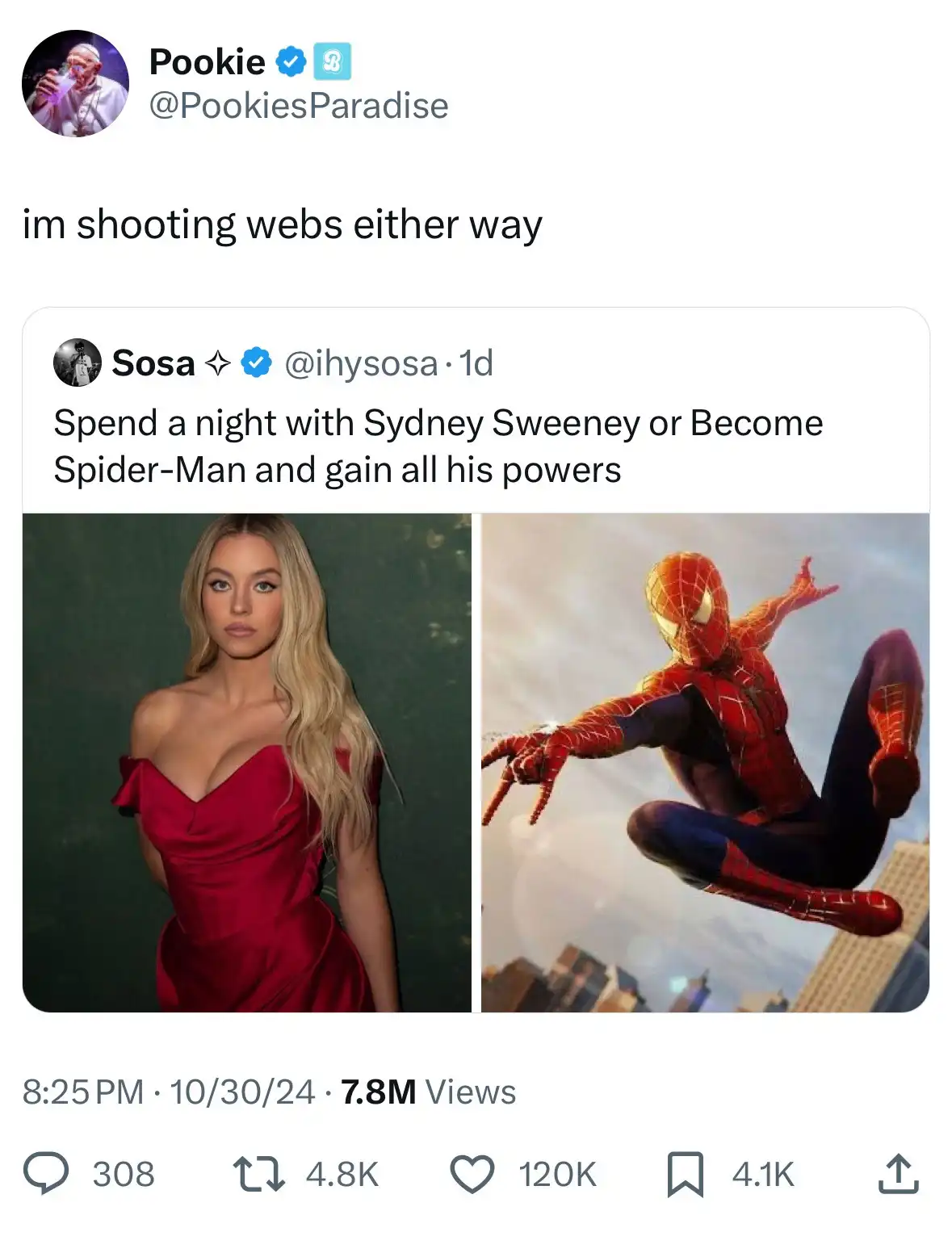 A screenshot of a Twitter thread shows a tweet from 'Sosa' offering a choice: 'Spend a night with Sydney Sweeney or Become…