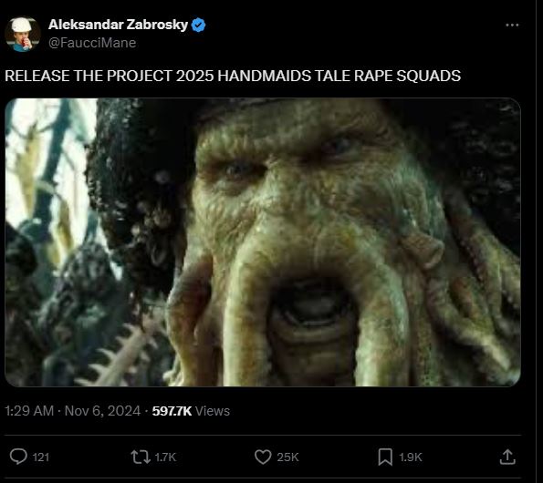 A close-up image of the character Davy Jones from the Pirates of the Caribbean films, with a grotesque, greenish face and…