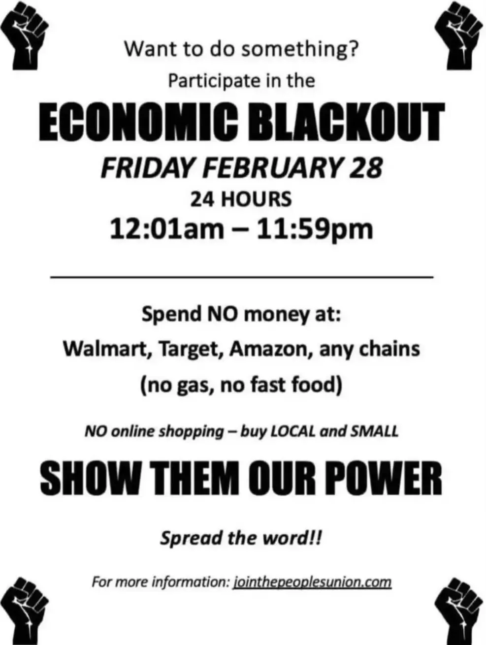 A black-and-white flyer styled like a protest poster, featuring raised fist icons in each corner. It announces an 'Economic…
