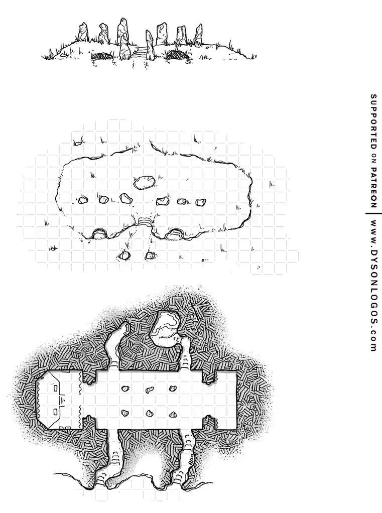 A black-and-white line drawing shows three progressively more detailed archaeological illustrations: a simple stone circle…