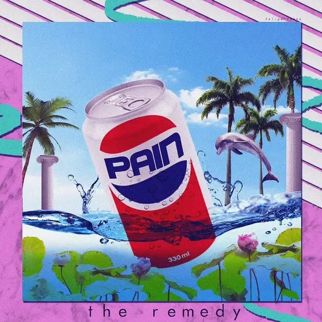 A digitally altered image shows a soda can labeled 'PAIN' in the iconic Pepsi logo style, floating in water with palm trees…