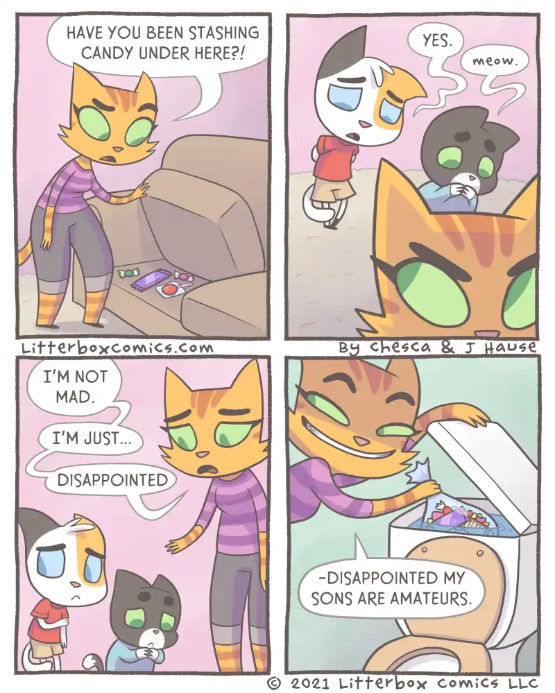 A four-panel comic strip featuring anthropomorphic cats. In the first panel, a mother cat discovers candy hidden under a…