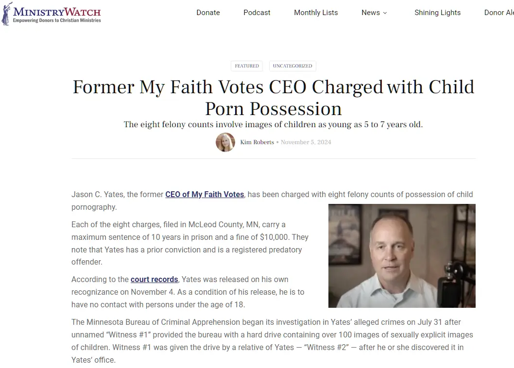 A screenshot of a news article from MinistryWatch dated November 5, 2024, reporting that Jason C. Yates, former CEO of My…