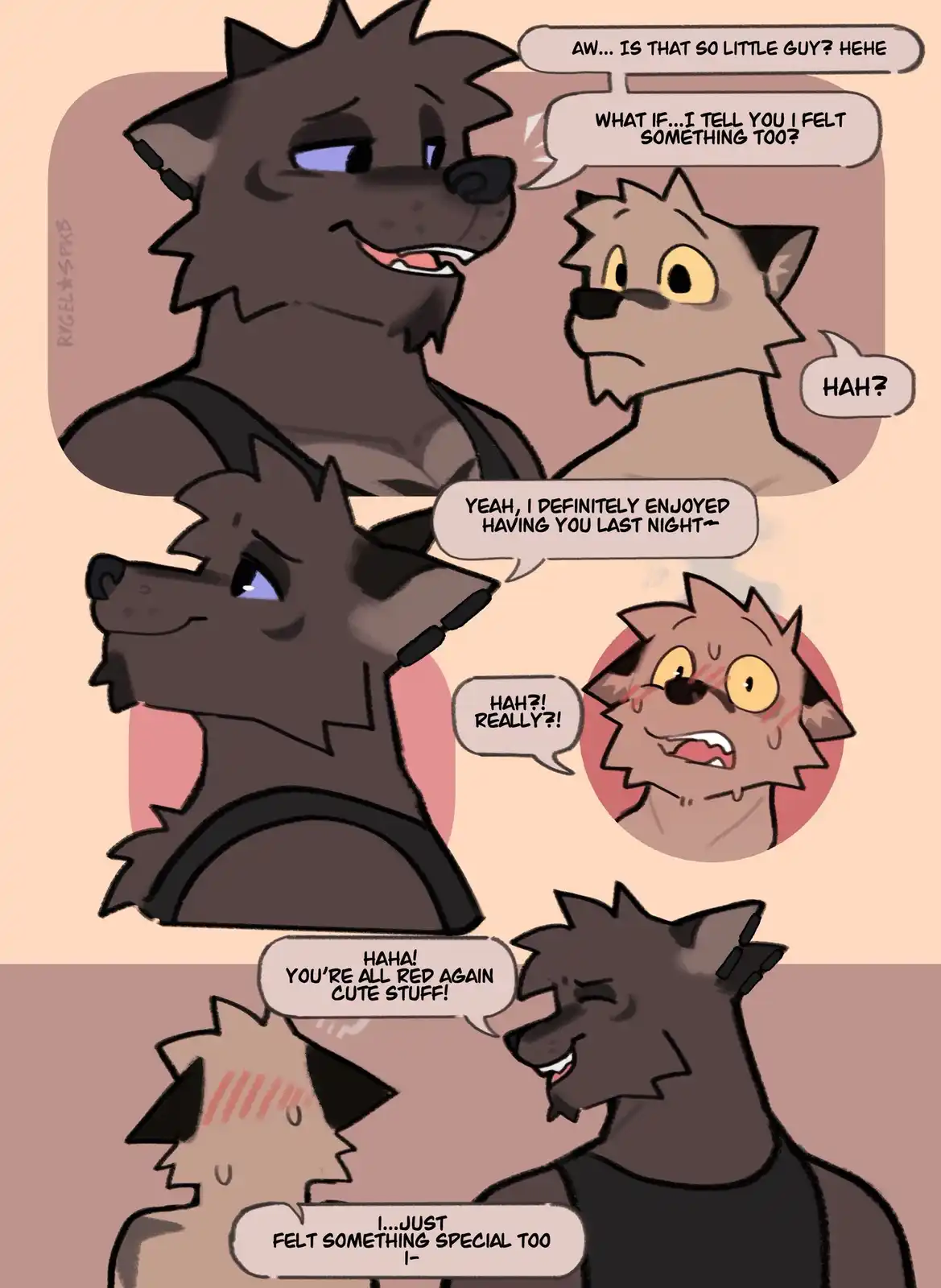 A comic strip featuring two anthropomorphic wolf characters in a romantic conversation. The larger, darker wolf teases the…
