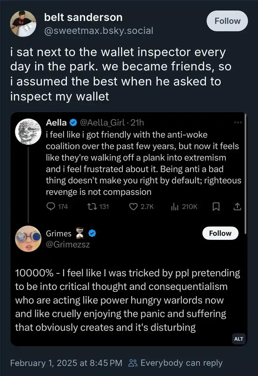 A screenshot of a social media post by 'belt sanderson' that humorously overlays text on two replies. The top reply by…