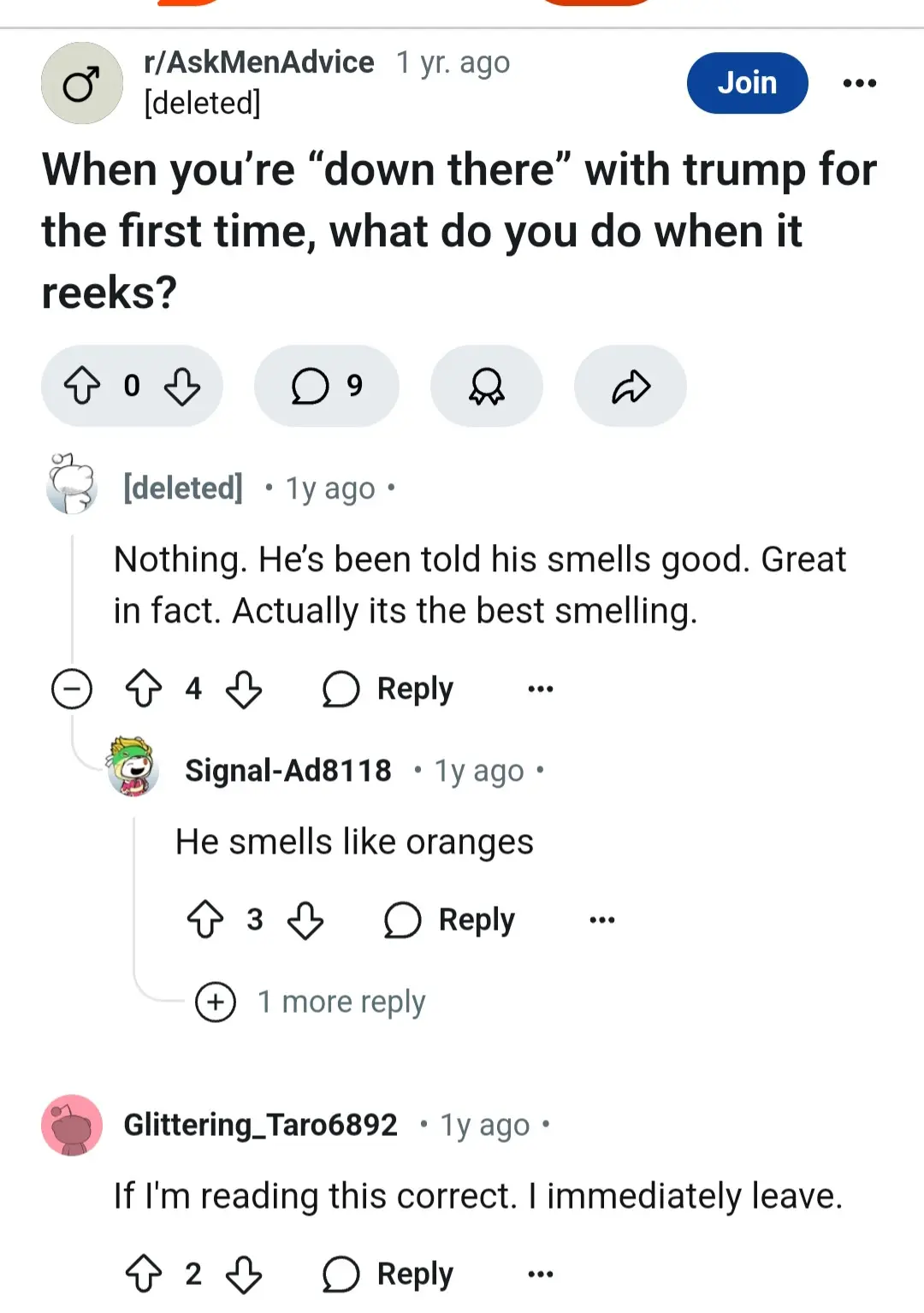 A screenshot of a Reddit post from r/AskMenAdvice asking what to do when it reeks while 'down there' with Trump. A deleted…