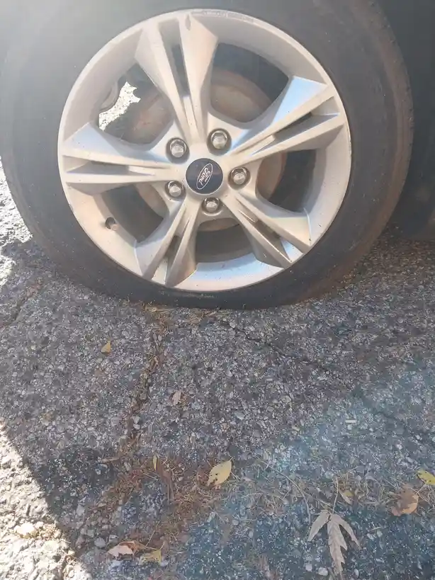 A close-up photo shows a Ford car wheel with a silver rim and black tire resting on cracked asphalt with scattered dry…