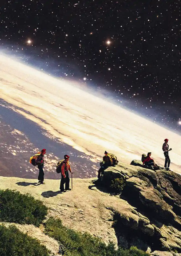 Five hikers with backpacks stand atop a rocky mountain ridge under a starry night sky, overlooking a vast, glowing…