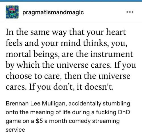 A screenshot of a social media post by 'pragmatismandmagic' featuring a block of text that reads: 'In the same way that your…