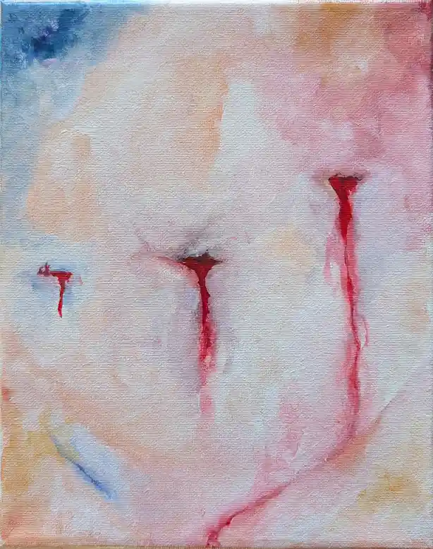 An abstract painting on canvas shows three red streaks resembling tears falling from implied eyes against a soft, blended…