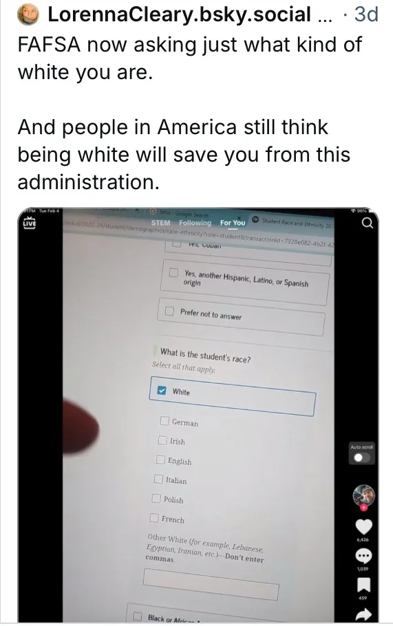 A screenshot of a FAFSA form on a tablet showing a 'What is the student's race?' section with 'White' selected and…