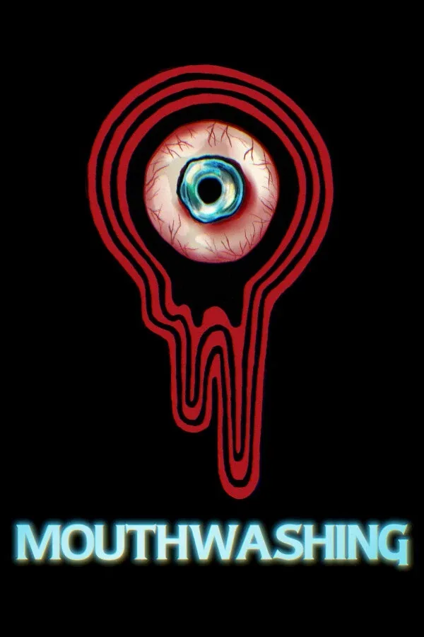 A stylized graphic shows a human eyeball centered within a red outline shaped like a dripping mouth. The text 'MOUTHWASHING'…