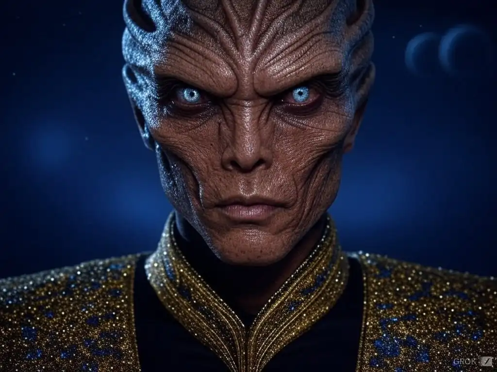 A close-up of a menacing alien with textured brown skin, glowing blue eyes, and a stern expression, wearing an ornate gold…