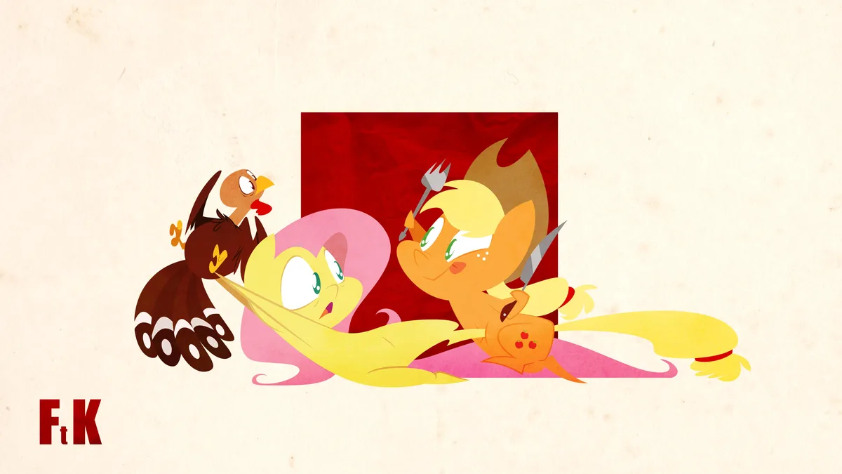 A cartoon turkey perches on the back of a yellow pony with a pink mane, while another yellow pony with a red apple cutie…