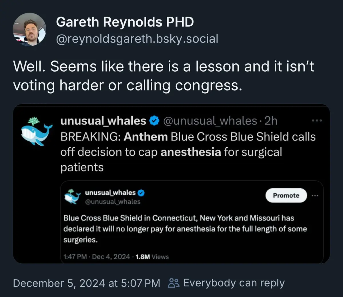 A screenshot of a social media post by Gareth Reynolds PhD, who comments on a news tweet from 'unusual_whales' about Anthem…