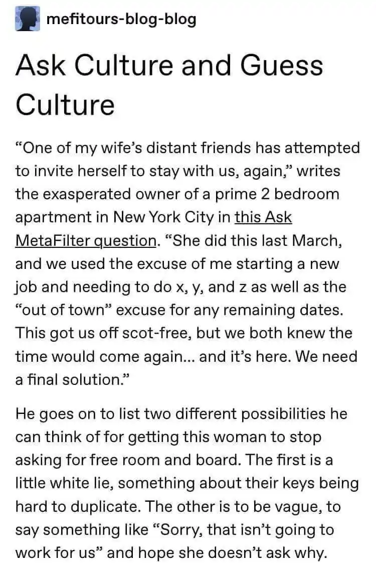 The image displays a screenshot of a text post from 'mefitours-blog-blog' titled 'Ask Culture and Guess Culture'. The text…