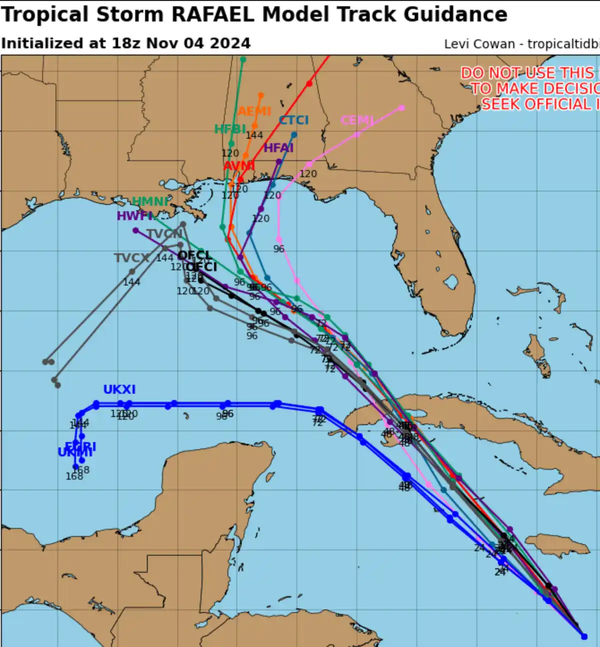 A weather map titled 'Tropical Storm RAFAEL Model Track Guidance' shows multiple colorful lines representing different…