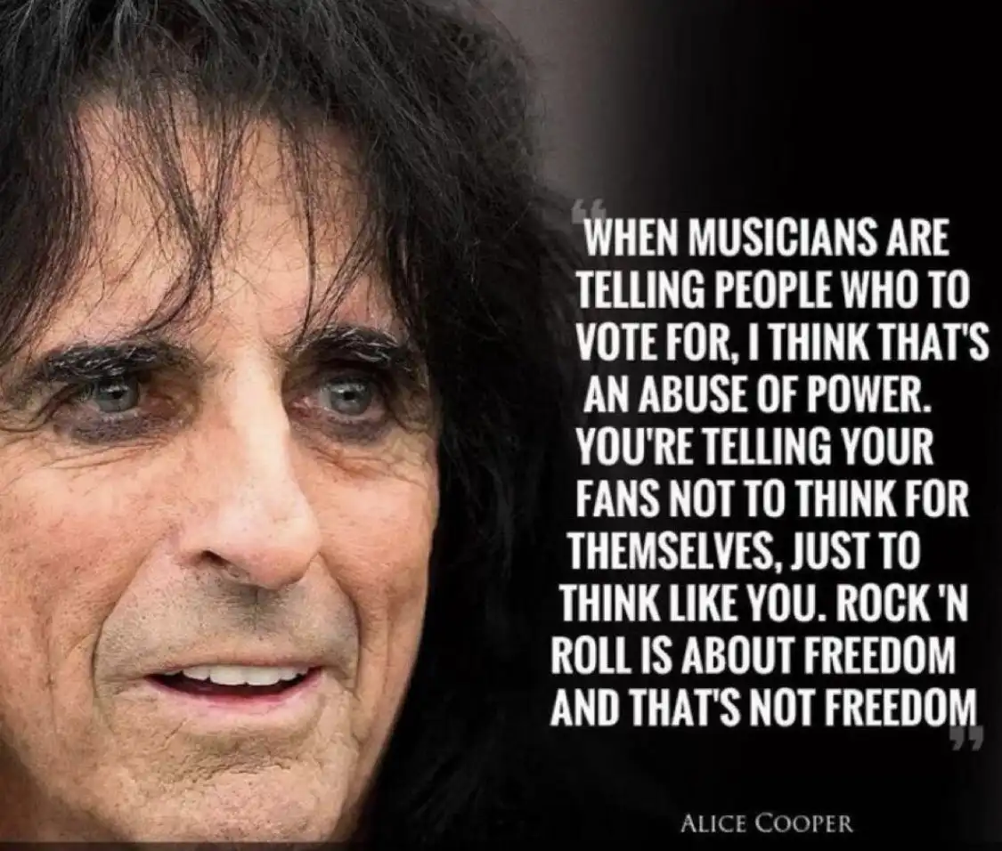A close-up photo of musician Alice Cooper with dark hair and a serious expression, overlaid with a white text quote…