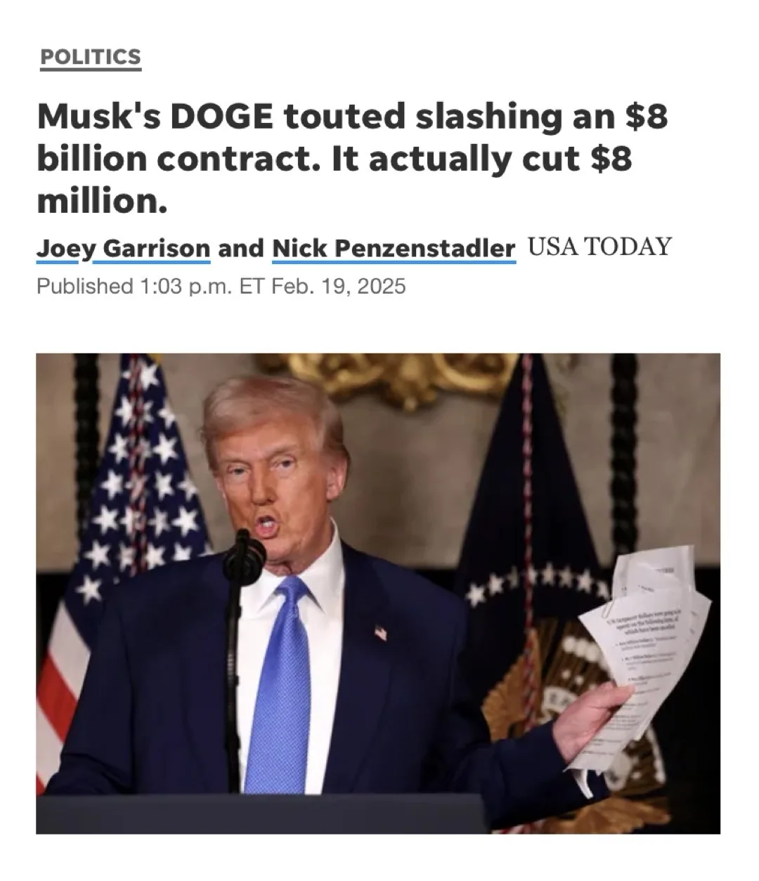 A screenshot of a USA TODAY news article header with the headline 'Musk's DOGE touted slashing an $8 billion contract. It…