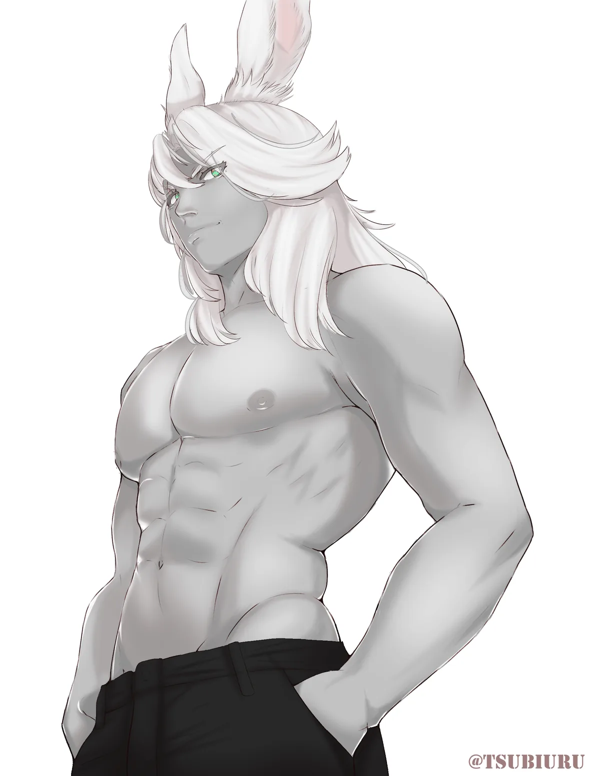 A muscular, shirtless anime-style male character with long white hair and prominent bunny ears stands confidently with one…