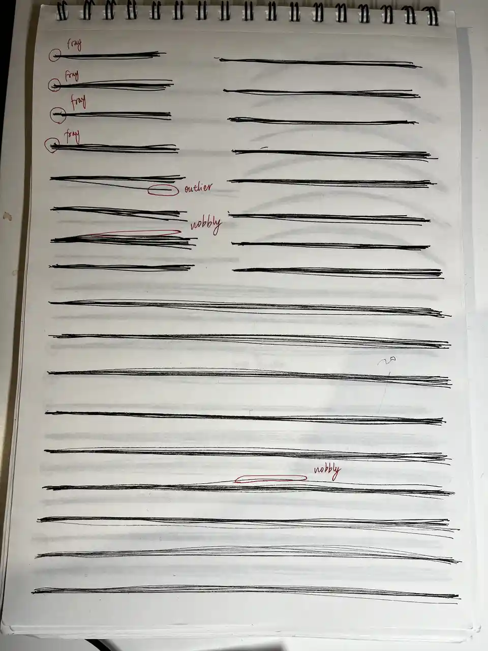 A spiral-bound notebook page shows numerous horizontal black lines drawn with a marker. Several lines are circled in red ink…