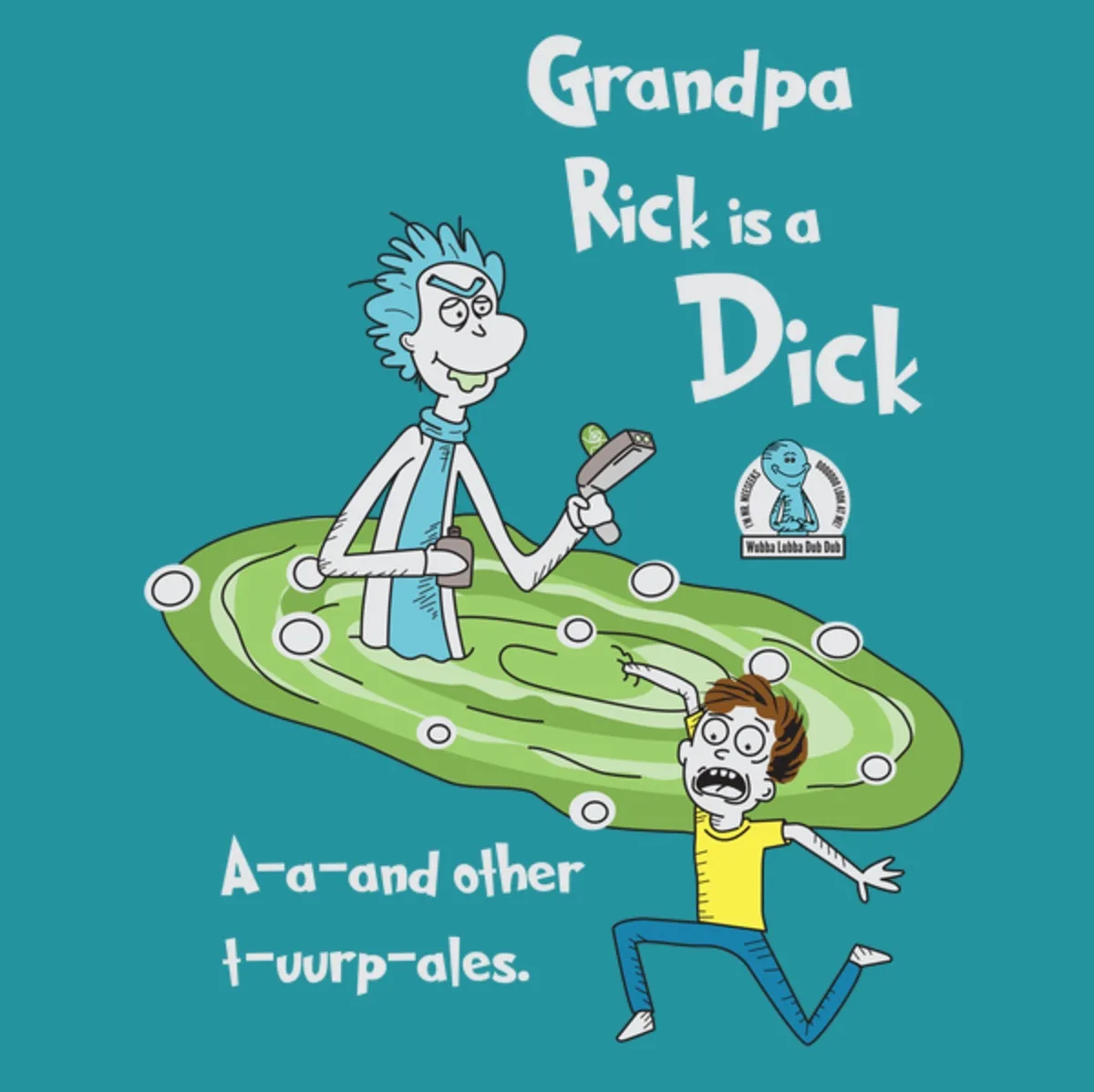 An illustration shows a cartoon character resembling Rick Sanchez standing on a giant pickle, holding a device, while a…
