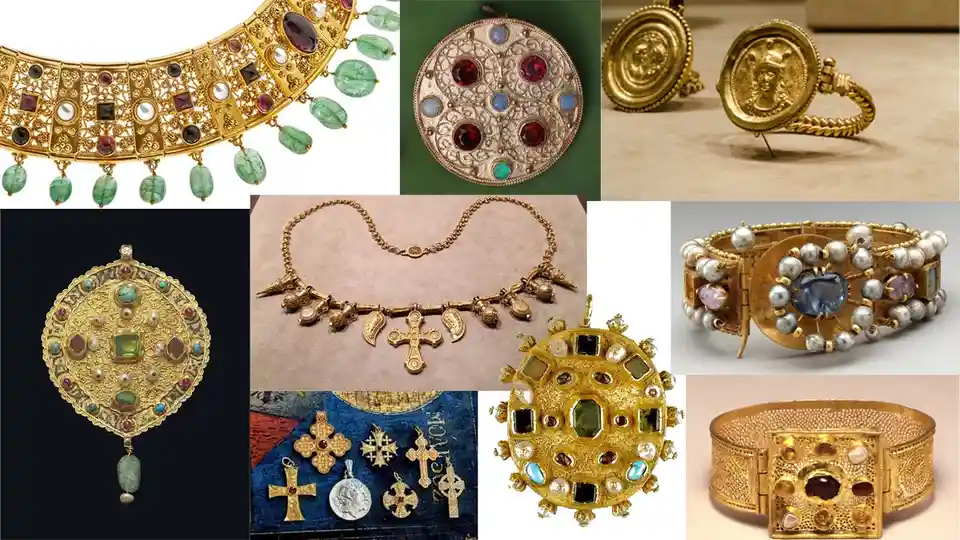 A collage of nine images showcasing ornate, ancient gold jewelry pieces including necklaces, brooches, and bracelets, all…