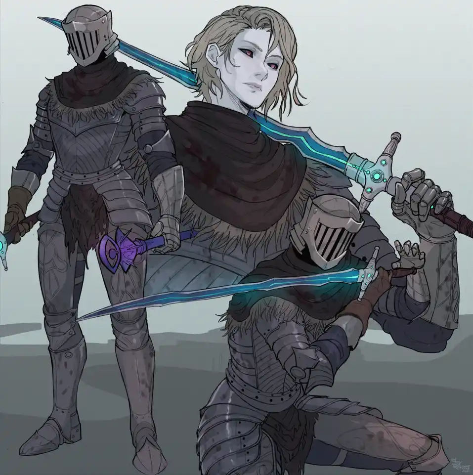 An anime-style illustration shows three armored figures: one standing with a sword on their back, one kneeling holding a…