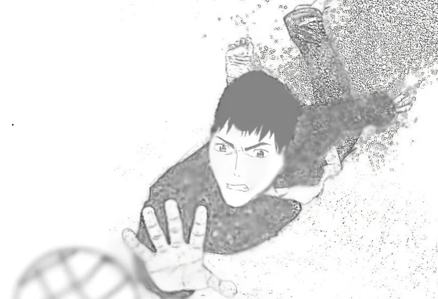A black and white anime-style image shows a young man with short hair, eyes wide open in panic, and mouth slightly agape, as…