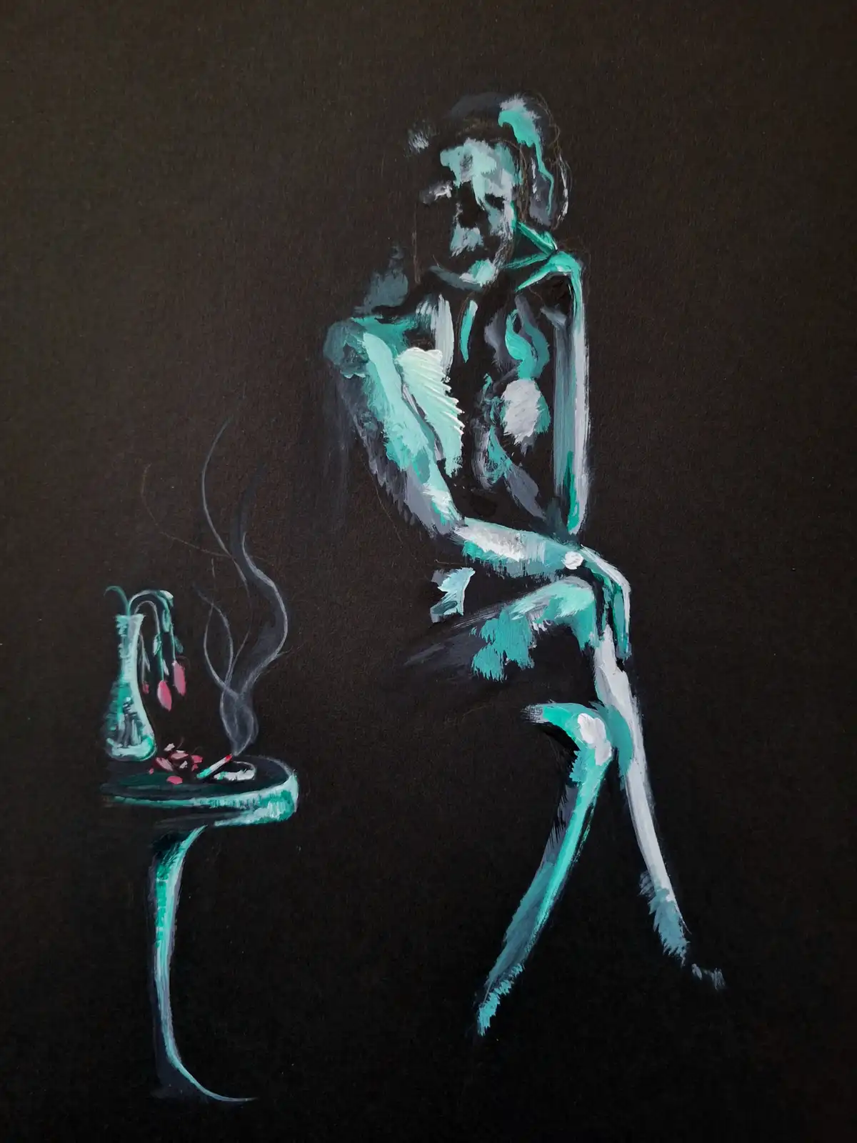 A painting depicts a teal and white skeletal figure sitting pensively on a dark background, next to a small table holding a…
