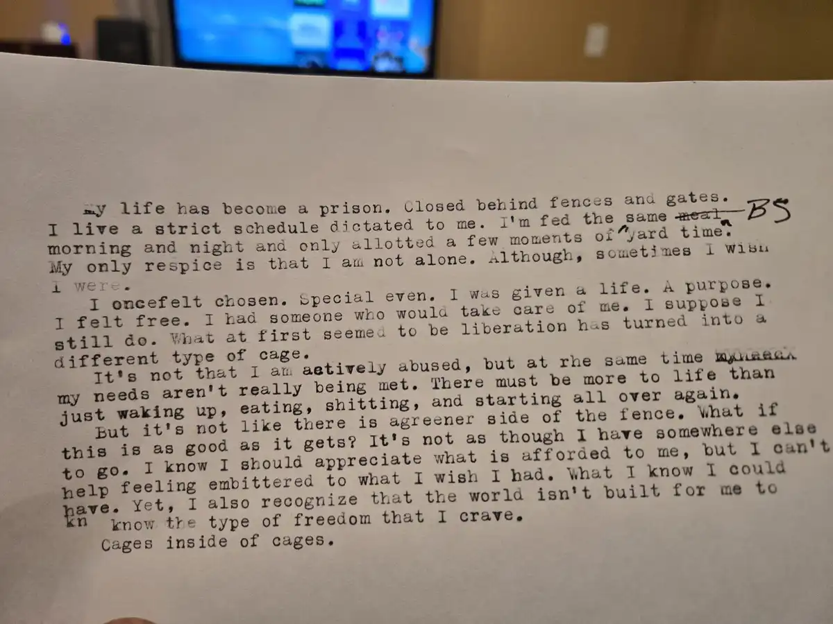 A typed document with a handwritten 'BS' next to 'I'm fed the same meal' and several misspellings, expressing feelings of…