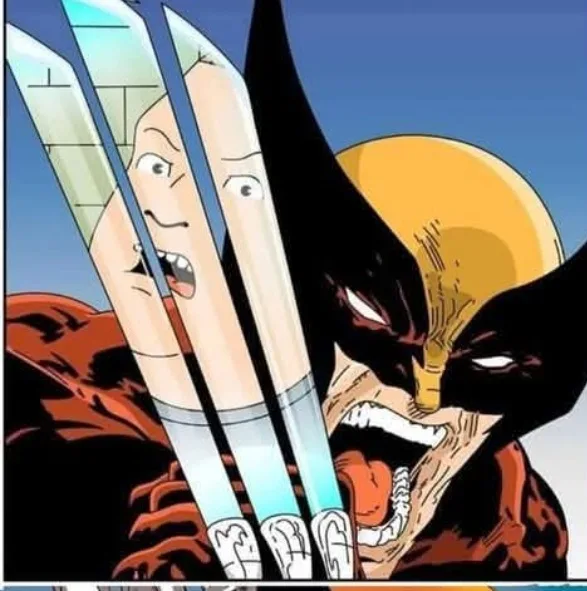 A comic book-style image shows Wolverine, a muscular man with a black mask and yellow hair, snarling with his adamantium…