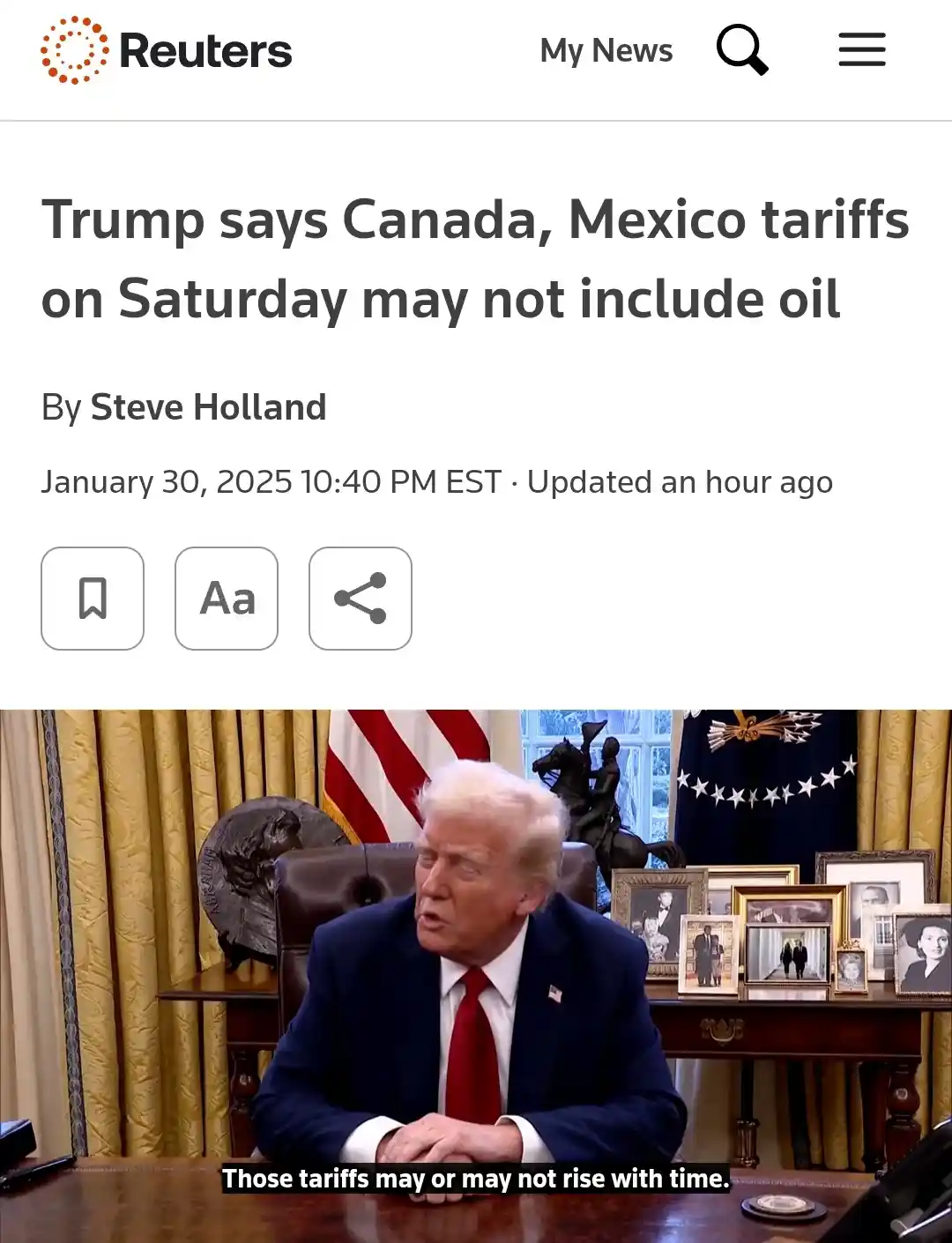 A screenshot of a Reuters news article dated January 30, 2025, with a headline about Trump's potential tariffs on Canada and…