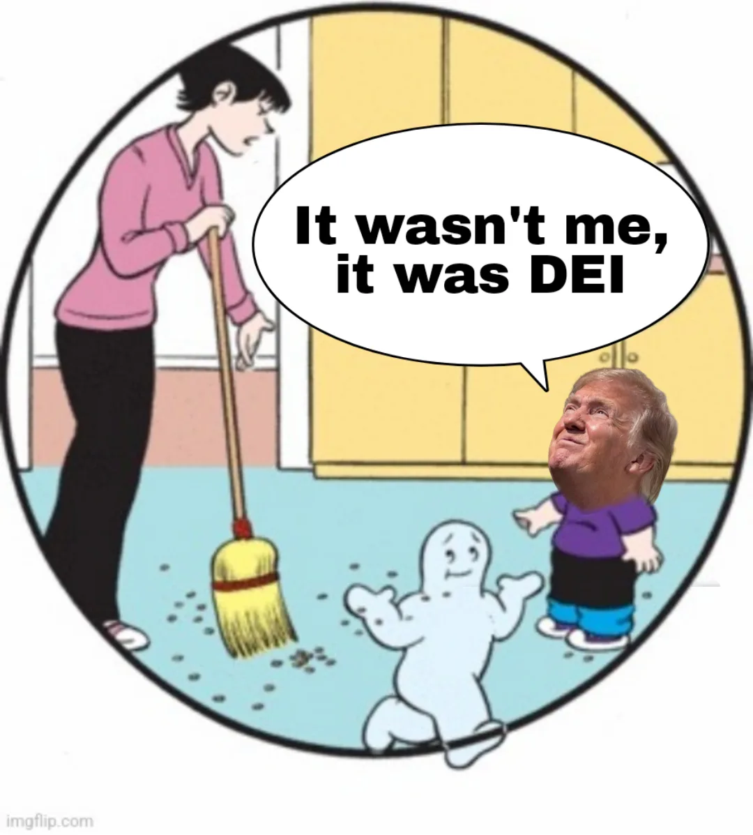 A cartoon woman in a pink shirt sweeps up crumbs on a blue floor while two small figures—a ghost and a child with a Donald…