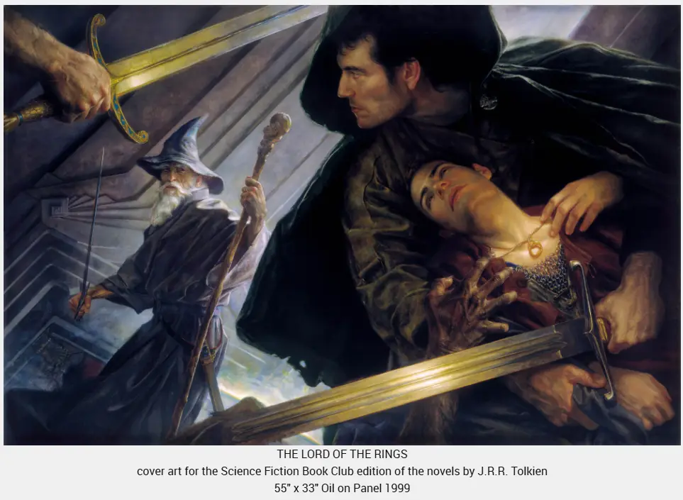 A dramatic oil painting depicts a scene from 'The Lord of the Rings' with a hooded figure holding a dying person while…