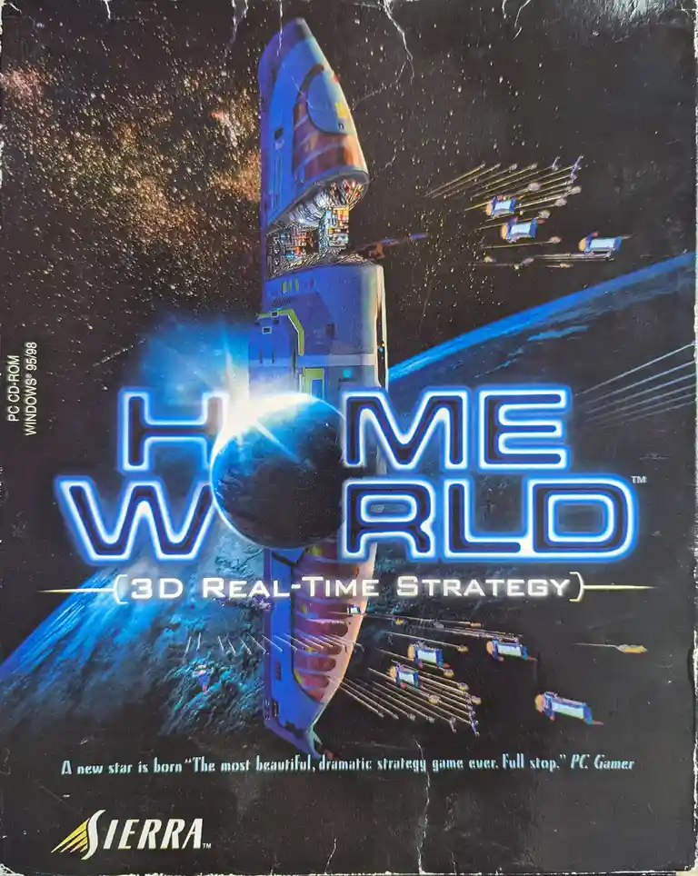 The image is the cover art for the PC game 'Homeworld', featuring a large, futuristic spaceship with a planet and smaller…