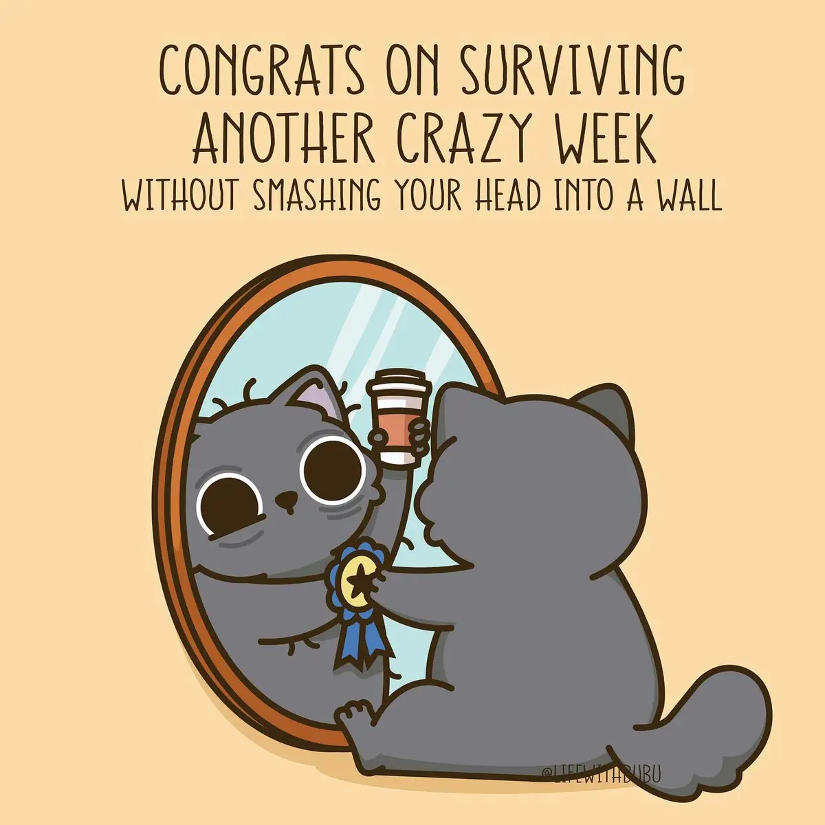 A cartoon gray cat sits before a mirror, holding a coffee cup and a blue ribboned medal, looking at its reflection with one…