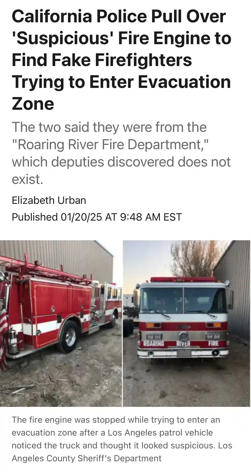 A news article screenshot shows a red and white fire engine with 'ROARING RIVER FIRE' written on its front bumper. The…