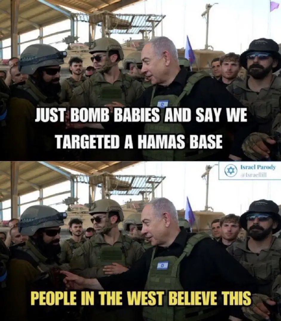 The image is a two-panel meme featuring Israeli Prime Minister Benjamin Netanyahu speaking to soldiers in a military…