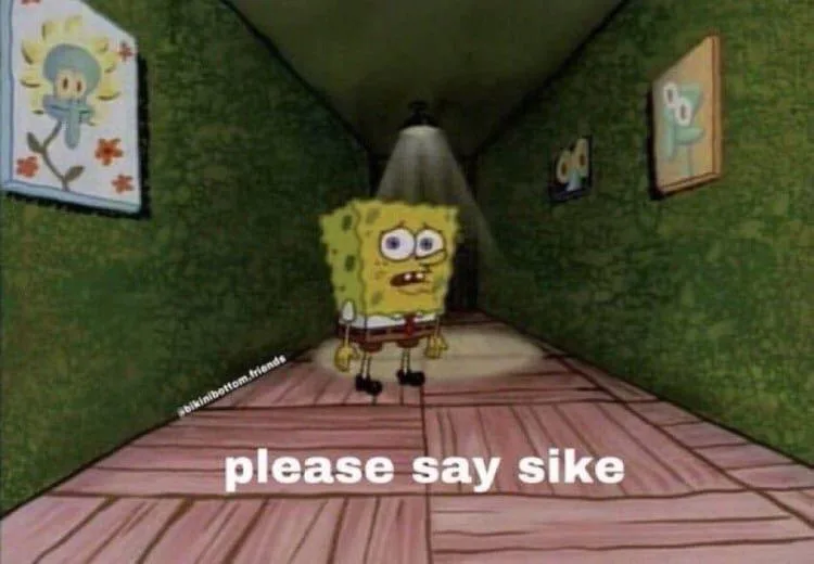SpongeBob SquarePants stands in a dimly lit, narrow hallway with green walls and framed pictures, looking anxious under a…