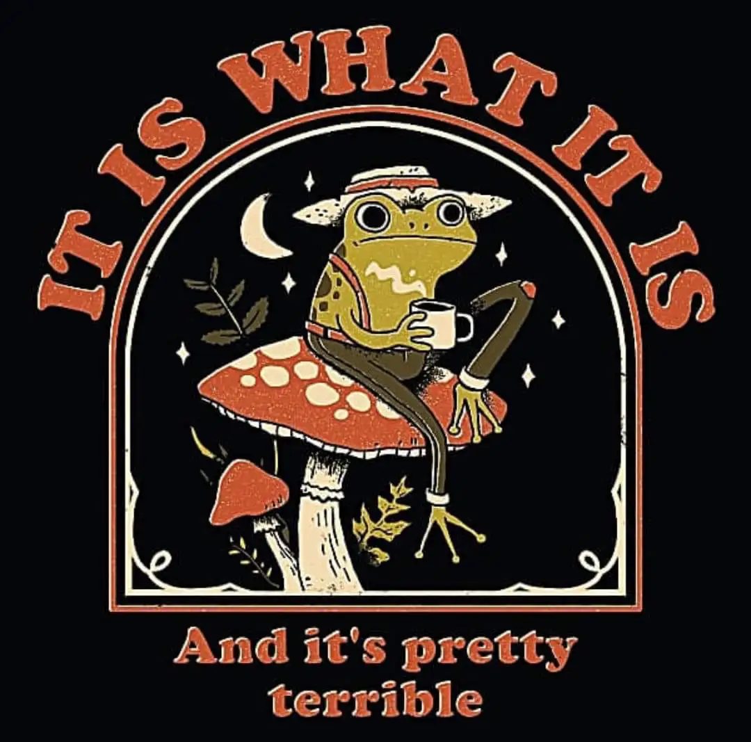A stylized illustration of a green frog wearing a hat and suspenders, sitting on a red-and-white spotted mushroom under a…