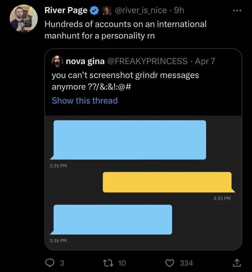 A screenshot of a Twitter thread shows a user named 'nova gina' exclaiming that you can't screenshot Grindr messages…