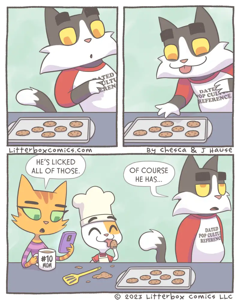 A three-panel comic strip featuring cartoon cats. In the first two panels, a grey and white cat in a red and white shirt…